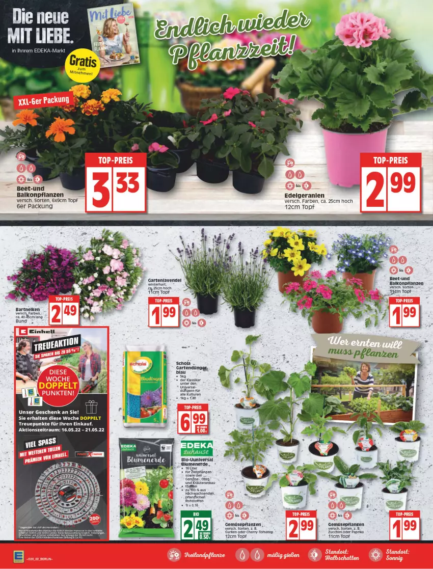 Aktueller Prospekt Edeka - Angebote der Woche - von 16.05 bis 21.05.2022 - strona 4 - produkty: balkonpflanzen, Bau, blume, blumen, blumenerde, deka, ente, erde, Garten, geranie, geranien, gurke, gurken, kräuter, lavendel, LG, obst, paprika, pflanze, pflanzen, Ti, topf, zucchini