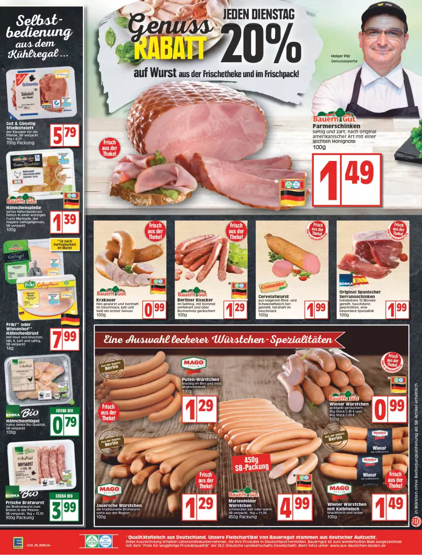 Aktueller Prospekt Edeka - Angebote der Woche - von 16.05 bis 21.05.2022 - strona 8 - produkty: Abtei, auer, berliner, bio, braten, bratwurst, Brühwurst, buch, curry, eis, elle, farmerschinken, fleisch, Geflügel, gewürz, gin, hähnchenbrust, hähnchenflügel, Holz, honig, Kalbfleisch, knacker, krakauer, LG, mac, marinade, mit kalbfleisch, natur, nuss, pfanne, rind, saft, schinken, schnitten, schwein, schweine, schweinefleisch, serrano, Spezi, Ti, wein, weine, wiener, wiener würstchen, wiesenhof, wurst, würstchen