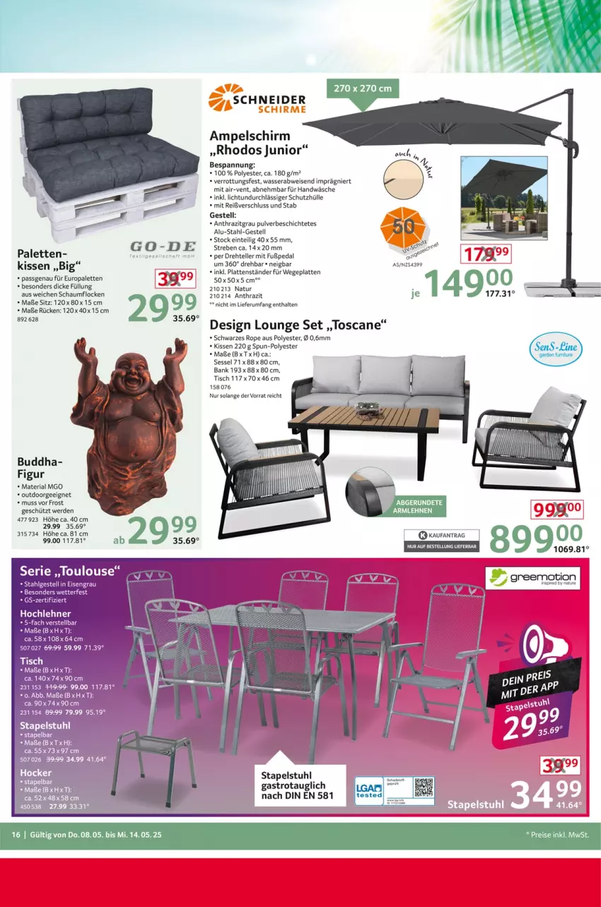 Aktueller Prospekt Selgros - Non Food - von 08.05 bis 14.05.2025 - strona 16 - produkty: ampelschirm, armlehnen, Bank, brot, Buddha, dell, eis, elle, erde, greemotion, kissen, latte, natur, Palette, Ria, rum, schutzhülle, sessel, stapelstuhl, stuhl, teller, Ti, tisch, wasser