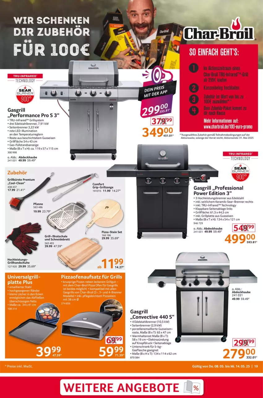 Aktueller Prospekt Selgros - Non Food - von 08.05 bis 14.05.2025 - strona 19 - produkty: abdeckhaube, bürste, char-broil, edelstahl, eis, Elektro, flasche, gasgrill, grill, grillfläche, Grillhandschuhe, grillplatte, grillzange, handschuhe, latte, pfanne, pizza, Schal, Schale, schneidebrett, Schrank, schuhe, Ti, unterschrank