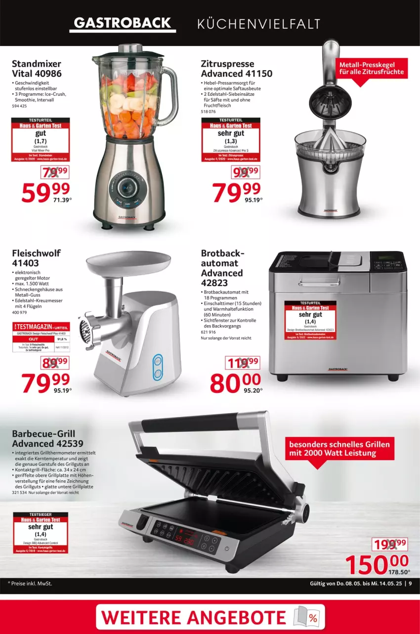 Aktueller Prospekt Selgros - Non Food - von 08.05 bis 14.05.2025 - strona 9 - produkty: auto, barbecue, brot, Brotbackautomat, edelstahl, eis, Elektro, fenster, fleisch, frucht, fruchtfleisch, gastroback, grill, grillplatte, kontaktgrill, küche, Küchen, latte, LG, messer, Mixer, roba, saft, säfte, Schal, smoothie, standmixer, thermometer, Ti, timer, usb, vita, Zitruspresse