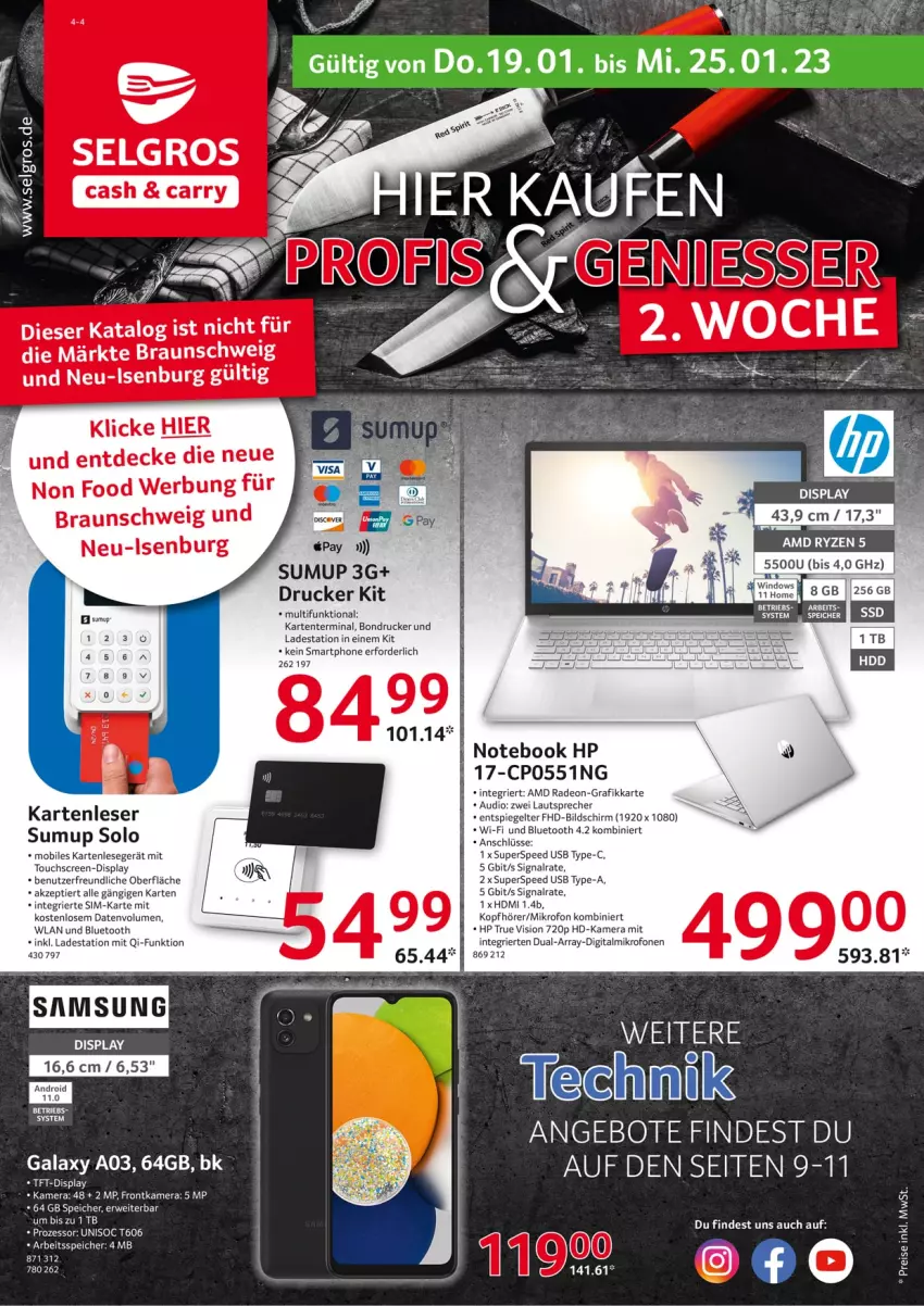 Aktueller Prospekt Selgros - Nonfood - von 19.01 bis 25.01.2023 - strona 1 - produkty: AMD Radeon, angebot, angebote, braun, decke, deo, drucker, eis, ente, frontkamera, Fulda, HDMI, HP, kamera, kopfhörer, lautsprecher, LG, notebook, radeon, reis, Signal, sim, smartphone, spee, spiegel, Ti, touchscreen, usb, Yo