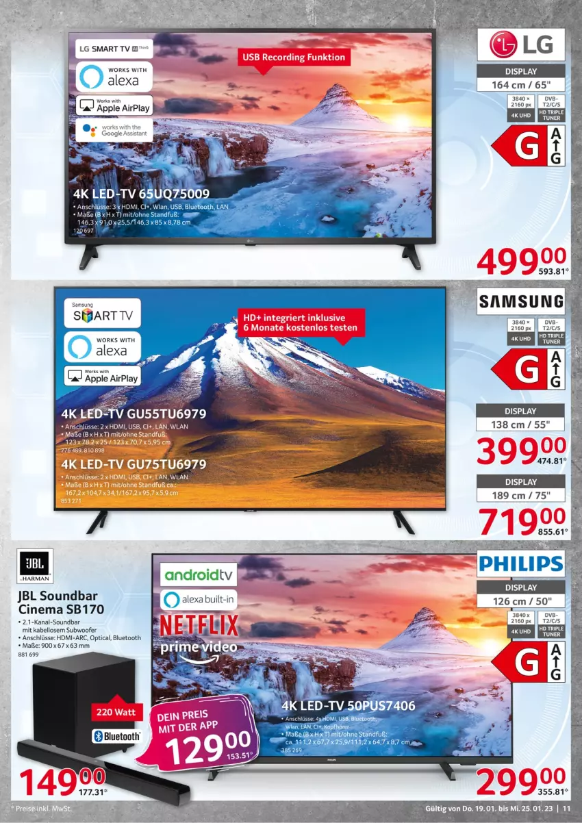 Aktueller Prospekt Selgros - Nonfood - von 19.01 bis 25.01.2023 - strona 11 - produkty: alexa, Apple, cin, dvb, harman, HDMI, HP, jbl, LG, Samsung, smart tv, soundbar, Subwoofer, tee, Ti, tuner, uhd, usb