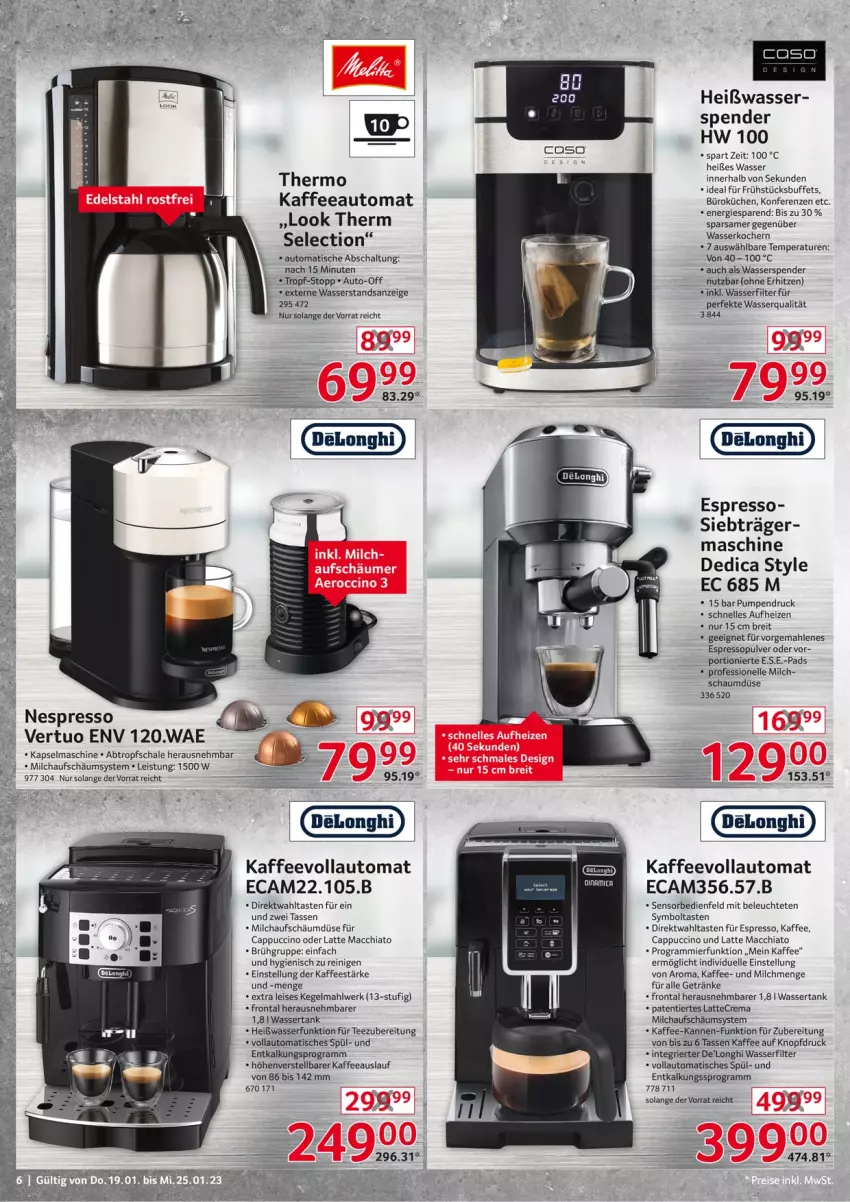 Aktueller Prospekt Selgros - Nonfood - von 19.01 bis 25.01.2023 - strona 6 - produkty: ACC, auto, Brei, Cap, cappuccino, chia, cin, delonghi, eis, elle, ente, espresso, getränk, getränke, kaffee, kaffeevollautomat, Kapselmaschine, Kocher, küche, Küchen, latte, latte macchiato, Leuchte, mac, macchiato, milch, nespresso, Schal, Schale, tasse, tee, Ti, tisch, wasser, wasserfilter, wasserkocher, wassertank