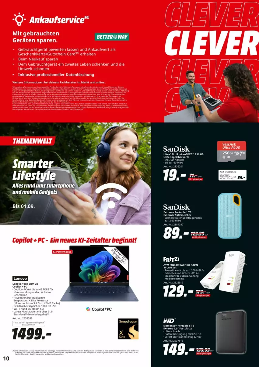 Aktueller Prospekt Saturn - Prospekte - von 28.08 bis 09.09.2024 - strona 10 - produkty: bett, eis, elle, fritz, gutschein, lenovo, microsd, microsdxc, Rauch, sandisk, Ti, usb, Yo