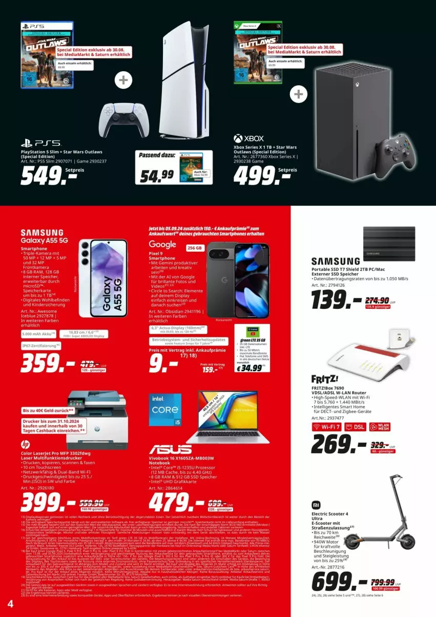 Aktueller Prospekt Saturn - Prospekte - von 28.08 bis 09.09.2024 - strona 4 - produkty: drucker, eis, erde, fritz, kraft, mac, mediamarkt, Rauch, reis, Router, Samsung, samsung galaxy, Samsung Galaxy A, scooter, smartphone, smartphones, spee, ssd, Ti, uhr, Xbox, Xbox Series X