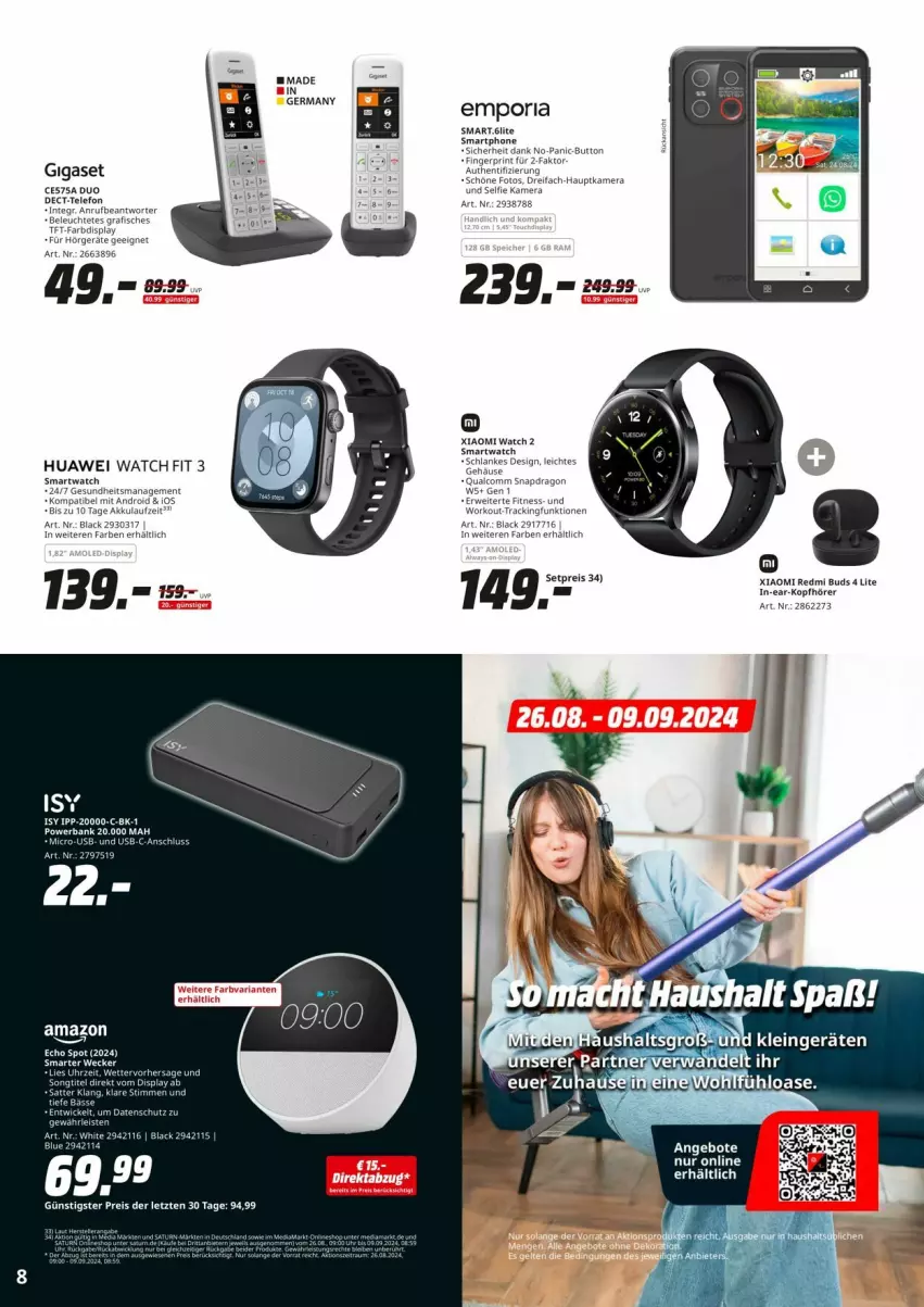 Aktueller Prospekt Saturn - Prospekte - von 28.08 bis 09.09.2024 - strona 8 - produkty: akku, angebot, angebote, eis, Germ, Gesundheit, gigaset, hauptkamera, huawei, in-ear-kopfhörer, kamera, kopfhörer, lack, reis, smartphone, smartwatch, telefon, Ti