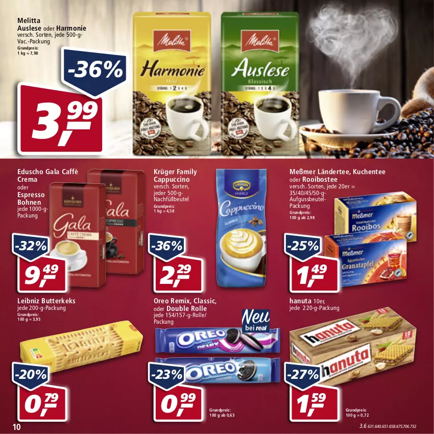 Aktueller Prospekt Real - von 19.04 bis 23.04.2022 - strona 10 - produkty: beutel, bohne, bohnen, butter, butterkeks, caffè crema, Cap, cappuccino, cin, eduscho, eis, ente, espresso, hanuta, keks, krüger, kuchen, Ländertee, leibniz, melitta, Meßmer, oreo, reis, tee