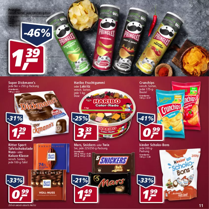 Aktueller Prospekt Real - von 19.04 bis 23.04.2022 - strona 11 - produkty: beutel, chips, crunchips, eis, frucht, fruchtgummi, haribo, kakao, Kinder, Lakritz, mars, nuss, oder lakritz, oder twix, pringles, reis, ring, ritter, ritter sport, schoko, schoko-bons, schokolade, snickers, Sport, tafelschokolade, twix