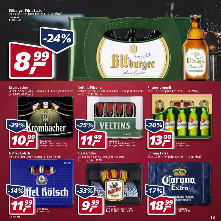 Aktueller Prospekt Real - von 19.04 bis 23.04.2022 - strona 13 - produkty: bitburger, bitburger pils, burger, corona, corona extra, eis, hasseröder, krombache, krombacher, pils, pilsener, pilsner, pilsner urquell, reis, Ti, veltins, veltins pilsener