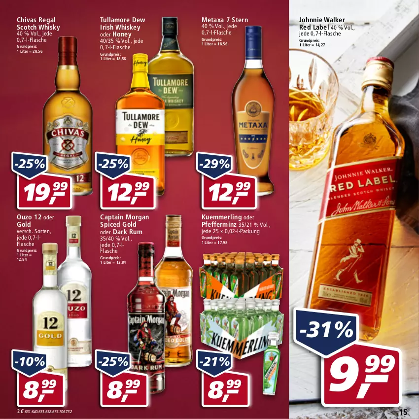 Aktueller Prospekt Real - von 19.04 bis 23.04.2022 - strona 15 - produkty: Cap, captain morgan, eis, flasche, irish whiskey, johnnie walker, kuemmerling, merl, Metaxa, ouzo, ouzo 12, pfeffer, regal, reis, rum, scotch, scotch whisky, tullamore, tullamore dew, whiskey, whisky