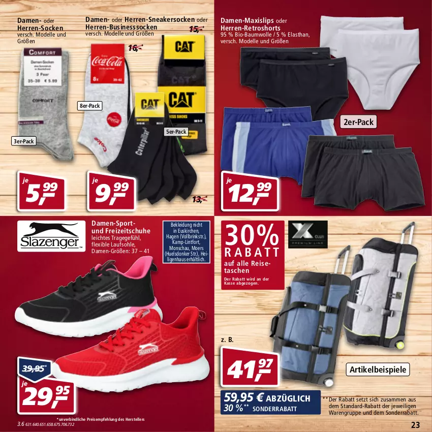 Aktueller Prospekt Real - von 19.04 bis 23.04.2022 - strona 23 - produkty: Bau, baumwolle, bio, bio-baumwolle, dell, eis, elle, Freizeitschuhe, herren-sneaker, herren-socken, kleid, Kleidung, Mode, reis, reisetasche, retroshorts, schuhe, shorts, slip, slips, sneaker, sneakersocken, socken, Spiele, Sport, Tasche, taschen, teller, Ti, wolle