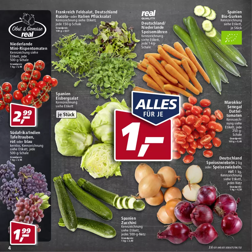 Aktueller Prospekt Real - von 19.04 bis 23.04.2022 - strona 4 - produkty: bio, cola, datteltomaten, eis, eisbergsalat, feldsalat, gurke, gurken, LG, mini-rispentomaten, möhren, reis, rispentomaten, rucola, salat, Schal, Schale, speisemöhren, Speisezwiebeln, tafeltrauben, Ti, tomate, tomaten, trauben, zucchini, zwiebel, zwiebeln