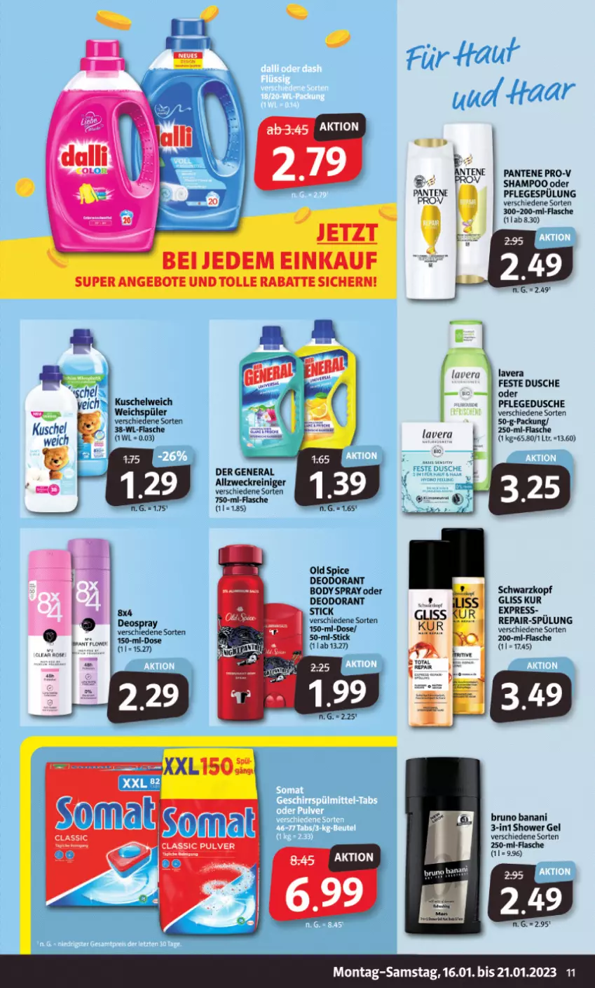 Aktueller Prospekt Markant - Prospekte - von 16.01 bis 21.01.2023 - strona 11 - produkty: allzweckreiniger, angebot, angebote, body, bodyspray, bruno banani, deo, deodorant, dusche, flasche, gliss, gliss kur, Kuschelweich, lavera, pantene, pantene pro-v, pflegedusche, Pflegespülung, pro-v, reiniger, schwarzkop, schwarzkopf, shampoo, spülung, Ti, weck, weichspüler