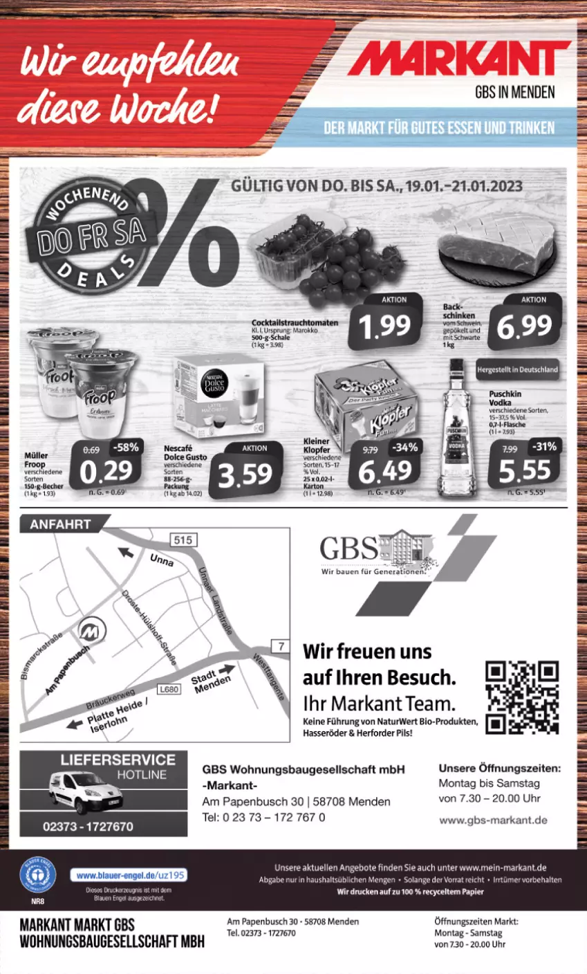 Aktueller Prospekt Markant - Prospekte - von 16.01 bis 21.01.2023 - strona 12 - produkty: angebot, angebote, Bau, Bebe, Becher, bio, brot, elle, erde, hasseröder, lieferservice, Müller, natur, pils, puschkin vodka, rwe, Schal, Schale, Ti, uhr, vodka