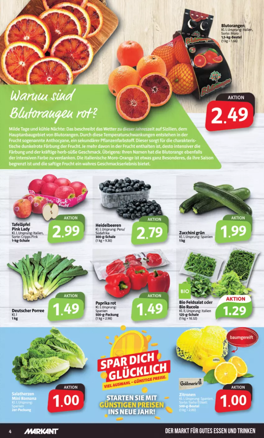 Aktueller Prospekt Markant - Prospekte - von 16.01 bis 21.01.2023 - strona 4 - produkty: beere, beeren, beutel, bio, Blutorange, cola, feldsalat, gutes essen, heidelbeere, heidelbeeren, orange, orangen, paprika, paprika rot, rucola, salat, Schal, Schale, tafeläpfel, Ti, zucchini