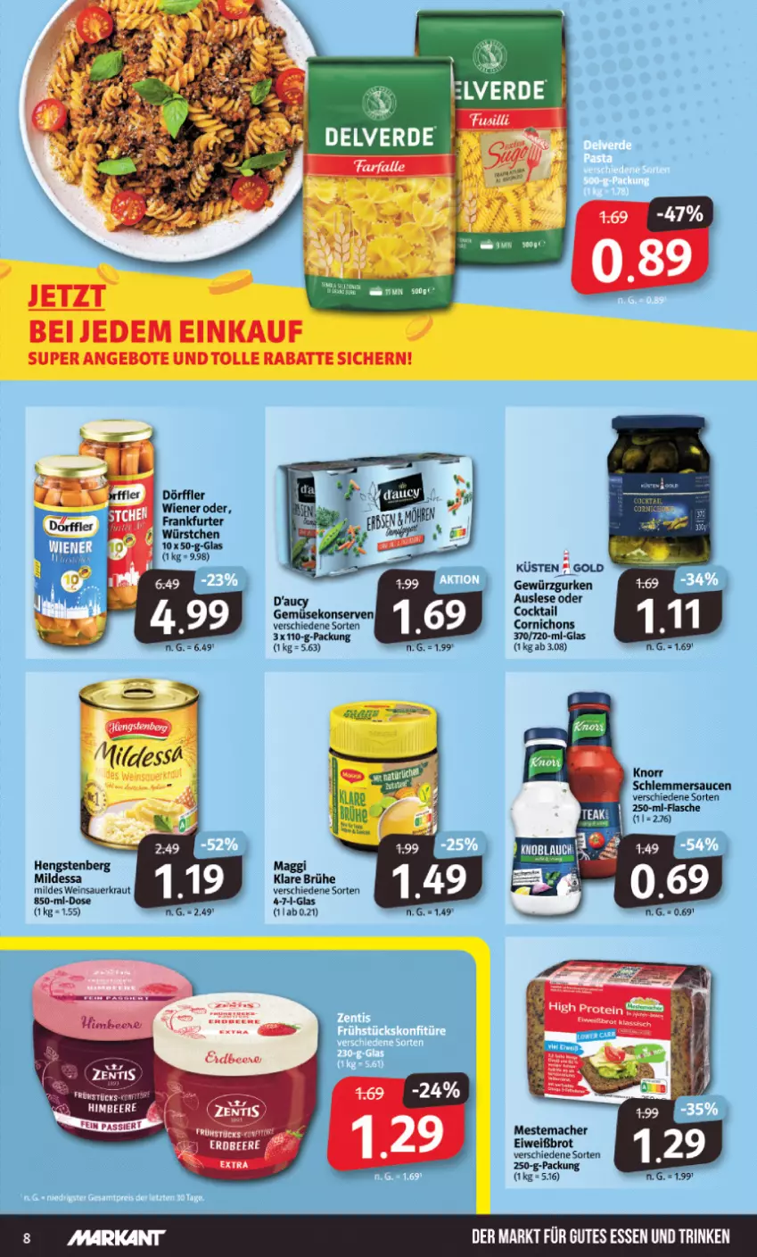 Aktueller Prospekt Markant - Prospekte - von 16.01 bis 21.01.2023 - strona 8 - produkty: angebot, angebote, auer, beere, brot, Brühe, cocktail, eis, Eiweißbrot, erdbeere, flasche, Gemüsekonserve, gewürz, Gewürzgurke, gewürzgurken, gurke, gurken, gutes essen, hengstenberg, knorr, Konserven, Kraut, mac, maggi, mestemacher, reis, sauce, saucen, Sauerkraut, schlemmersauce, schlemmersaucen, Ti, wein, Weinsauerkraut, wiener, zentis