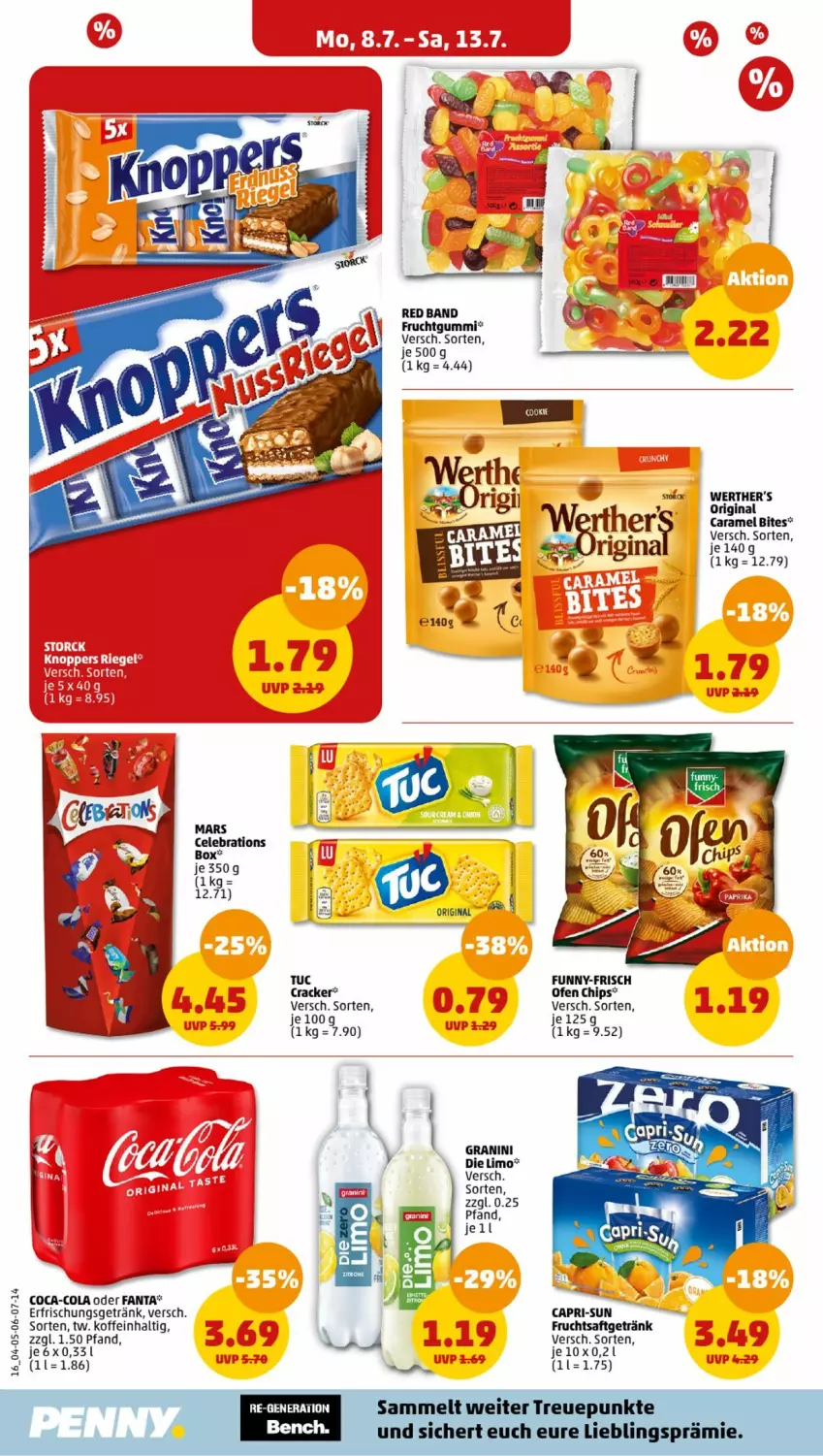 Aktueller Prospekt Penny - Prospekte - von 08.07 bis 13.07.2024 - strona 16 - produkty: Cap, capri-sun, chips, coca-cola, cola, cracker, eis, erfrischungsgetränk, fanta, frucht, fruchtgummi, fruchtsaft, fruchtsaftgetränk, funny-frisch, getränk, gin, granini, granini die limo, limo, Ofen, saft, storck, Ti, tuc, werther's