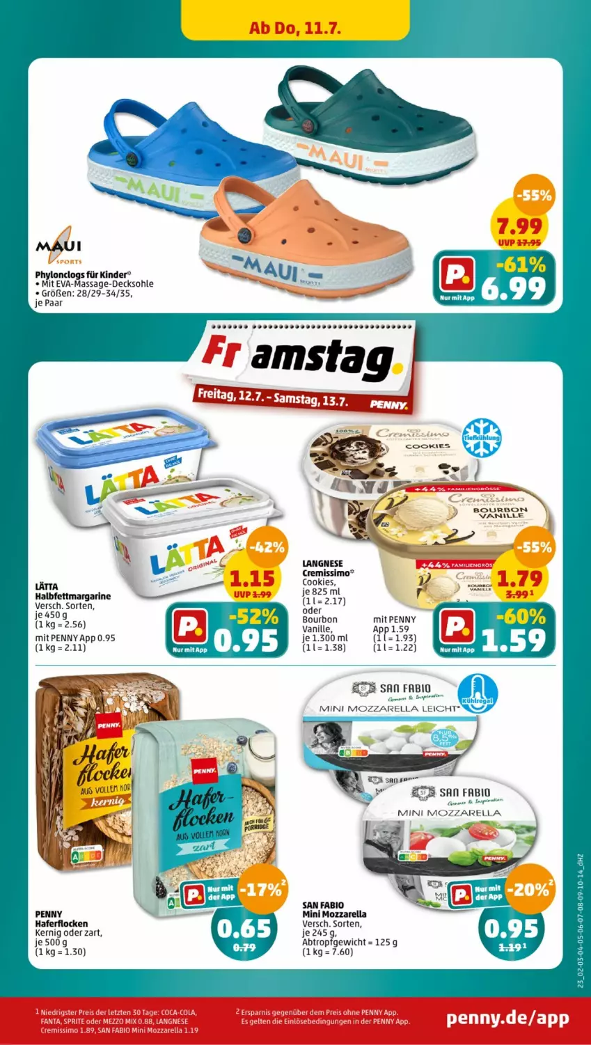 Aktueller Prospekt Penny - Prospekte - von 08.07 bis 13.07.2024 - strona 23 - produkty: bio, bourbon, bourbon vanille, Clogs, cookie, cookies, cremissimo, decksohle, hafer, haferflocken, halbfettmargarine, Hylo, Kinder, lätta, margarine, mozzarella, rel, sim, vanille