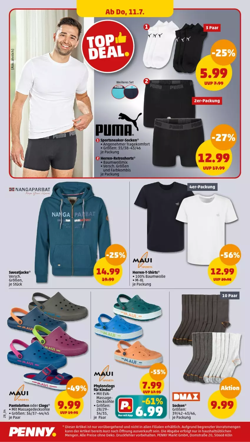 Aktueller Prospekt Penny - Prospekte - von 08.07 bis 13.07.2024 - strona 28 - produkty: Bau, baumwolle, Clogs, decksohle, herren-t-shirt, Jacke, pantolette, pantoletten, shirt, shirts, socken, sweatjacke, T-Shirt, wolle