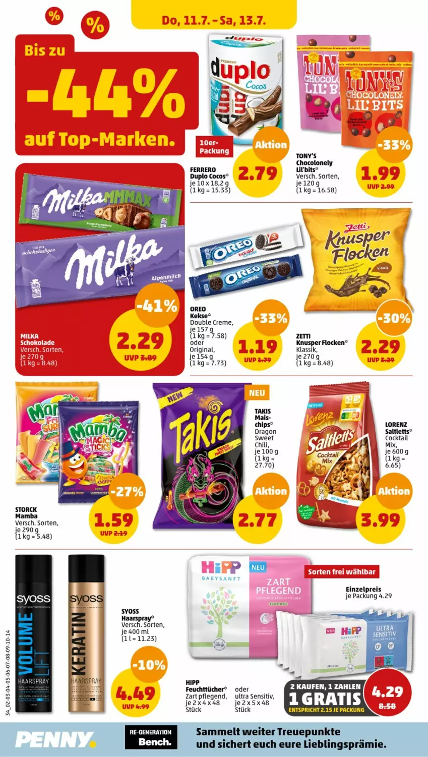 Aktueller Prospekt Penny - Prospekte - von 08.07 bis 13.07.2024 - strona 34 - produkty: chili, chips, cocktail, cocos, creme, duplo, eis, ferrero, feuchttücher, gin, haarspray, hipp, keks, kekse, lorenz, mais, mam, milka, oreo, reis, saltletts, schoko, schokolade, storck, syoss, Ti, tücher, Yo