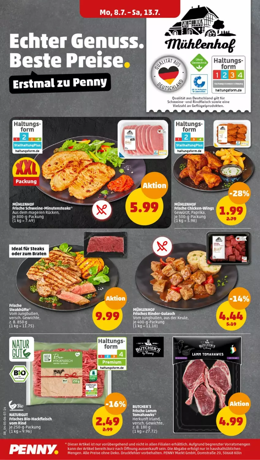 Aktueller Prospekt Penny - Prospekte - von 08.07 bis 13.07.2024 - strona 8 - produkty: bio, Bio-Hackfleisch, braten, eis, fleisch, Geflügel, gewürz, gulasch, hackfleisch, lamm, LG, minutensteaks, paprika, reis, rind, rinder, rindfleisch, schwein, schweine, steak, steakhüfte, steaks, Ti, wein, weine, ZTE