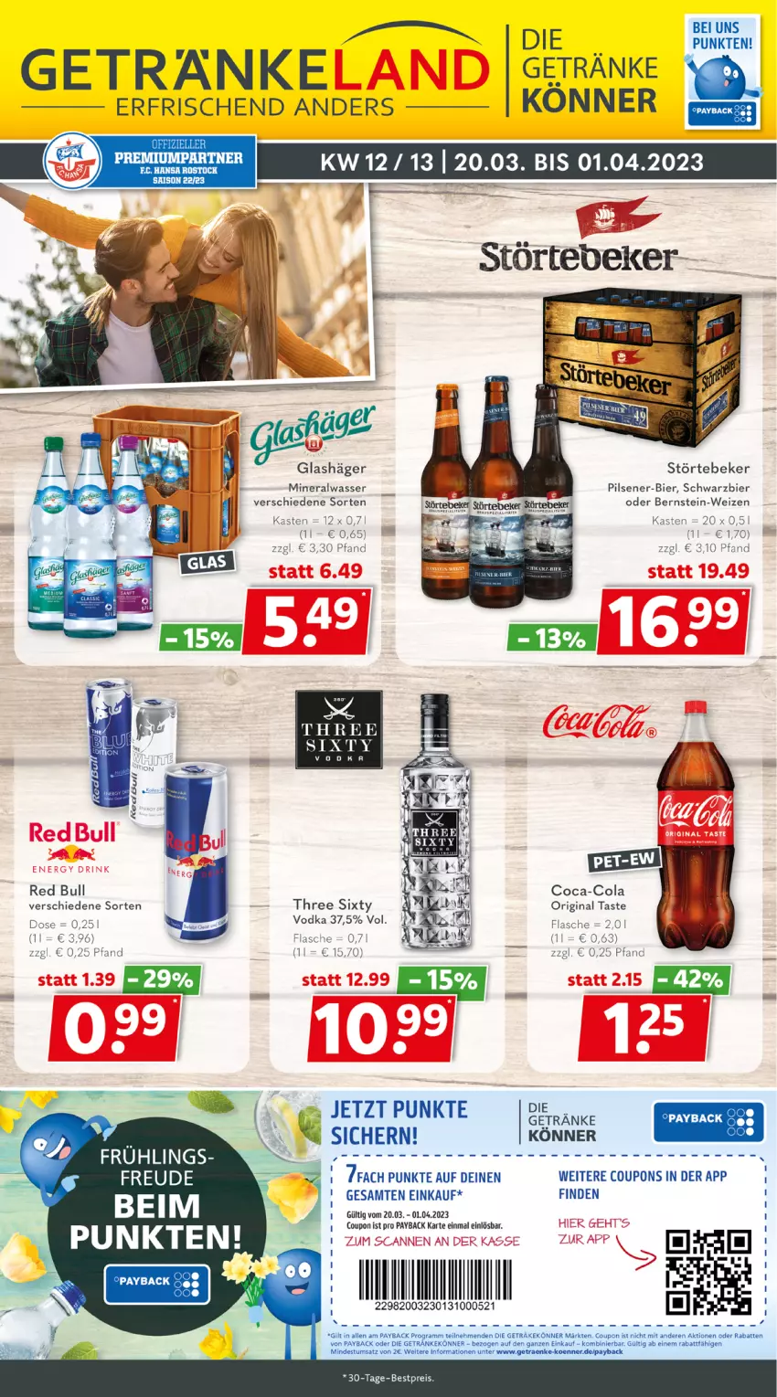 Aktueller Prospekt Getraenkeland - von 20.03 bis 01.04.2023 - strona 1 - produkty: Alwa, bestpreis, bier, coca-cola, cola, coupon, coupons, eis, elle, flasche, getränk, getränke, gin, mineralwasser, payback, pils, pilsener, red bull, reis, störtebeker, Three Sixty, Ti, wasser