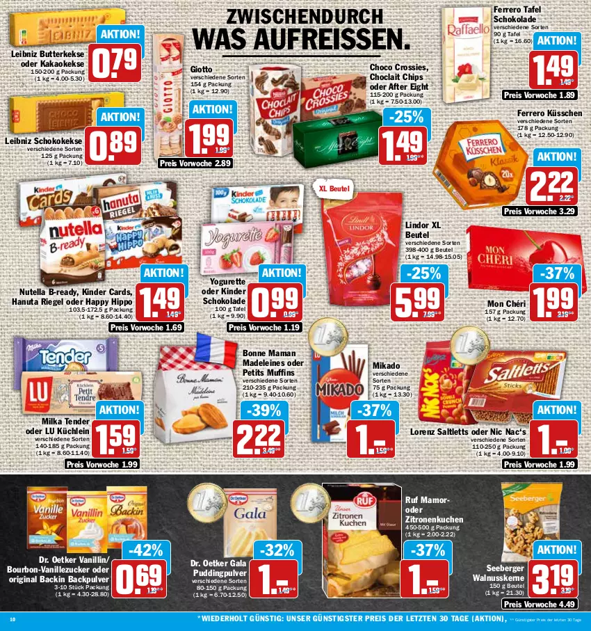 Aktueller Prospekt Hit - Prospekte - von 17.10 bis 22.10.2022 - strona 10 - produkty: after eight, Berger, beutel, bonne maman, bourbon, butter, butterkeks, chips, choclait chips, choco crossies, crossies, Dr. Oetker, eis, ferrero, Ferrero Küsschen, gin, giotto, hanuta, hipp, kakao, keks, kekse, Kinder, kinder schokolade, kuchen, leibniz, leine, lindor, lorenz, mam, mikado, milka, Mon Chéri, Muffin, muffins, nuss, nutella, pudding, reis, reiss, riegel, saltletts, schoko, schokolade, seeberger, tender, Ti, vanille, walnuss, walnusskerne, Yo, yogurette, zitrone, zitronen, ZTE, zucker