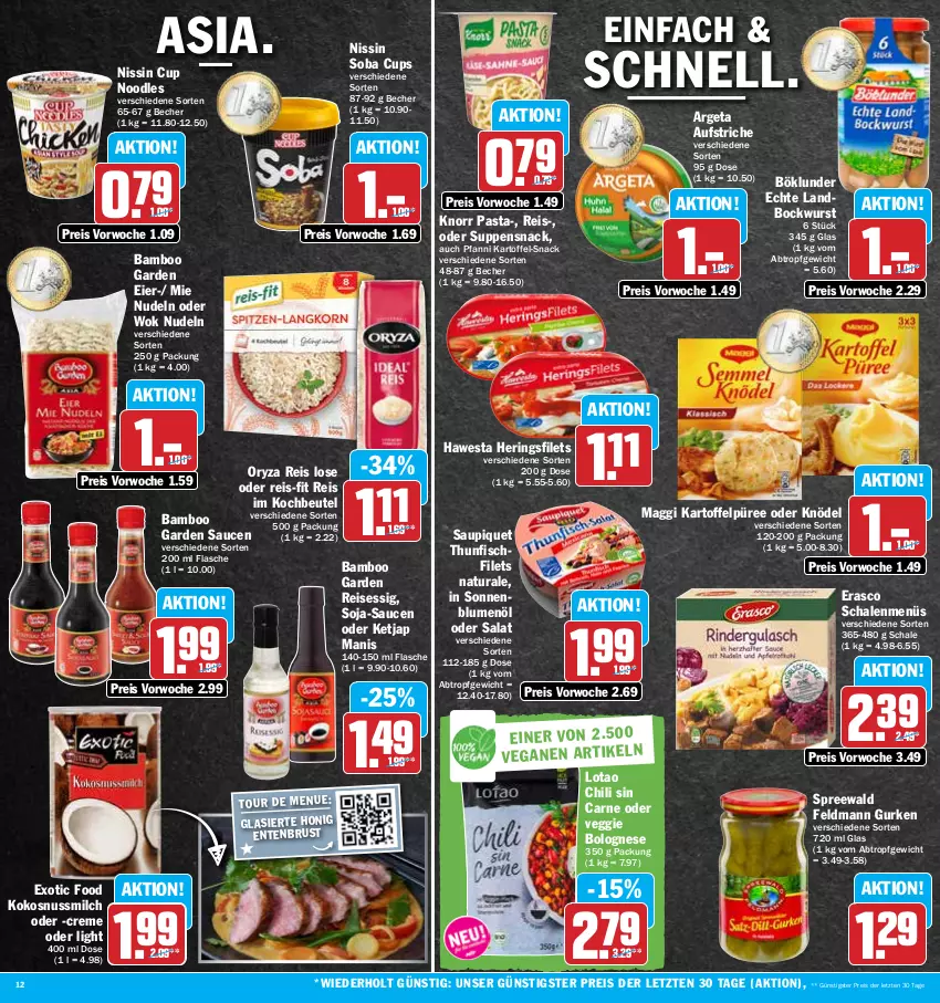 Aktueller Prospekt Hit - Prospekte - von 17.10 bis 22.10.2022 - strona 12 - produkty: aufstrich, bamboo, Becher, beutel, blume, blumen, blumenöl, bockwurst, böklunder, bolognese, chili, creme, eier, eis, ente, Entenbrust, erasco, essig, filet, filets, fisch, flasche, gurke, gurken, hawesta, hering, Herings, heringsfilets, honig, kartoffel, Kartoffelpüree, Knödel, knorr, knorr pasta, kochbeutel, kokos, kokosnuss, Kokosnussmilch, maggi, milch, natur, natura, Nissin, nudel, nudeln, nuss, oryza, pasta, pfanni, püree, reis, reis-fit, ring, salat, sauce, saucen, saupiquet, Schal, Schale, snack, soja, sonnenblume, sonnenblumen, sonnenblumenöl, suppe, suppen, thunfisch, Ti, veggie, wok, wurst, ZTE