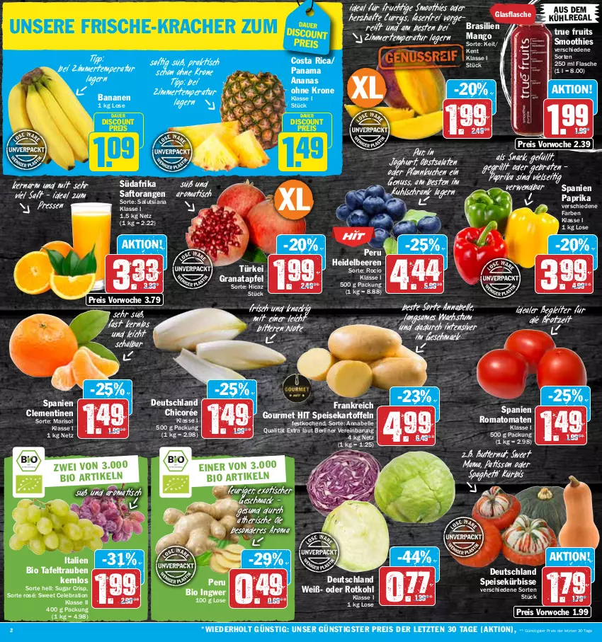 Aktueller Prospekt Hit - Prospekte - von 17.10 bis 22.10.2022 - strona 2 - produkty: ananas, apfel, auer, aus dem kühlregal, banane, bananen, beere, beeren, berliner, bio, braten, brot, butter, clementinen, curry, discount, eis, elle, flasche, frucht, glasflasche, grana, granatapfel, grill, heidelbeere, heidelbeeren, ingwer, joghur, joghurt, kartoffel, kartoffeln, kracher, krone, kuchen, kühlregal, kühlschrank, Kürbis, mac, mam, mango, nuss, obst, orange, orangen, paprika, Pfannkuchen, Rana, regal, reis, Romatomaten, rotkohl, rwe, saft, Saftorangen, salat, salate, Schrank, smoothie, smoothies, snack, spaghetti, speisekartoffeln, tafeltrauben, Ti, tisch, tomate, tomaten, trauben, true fruits, ZTE