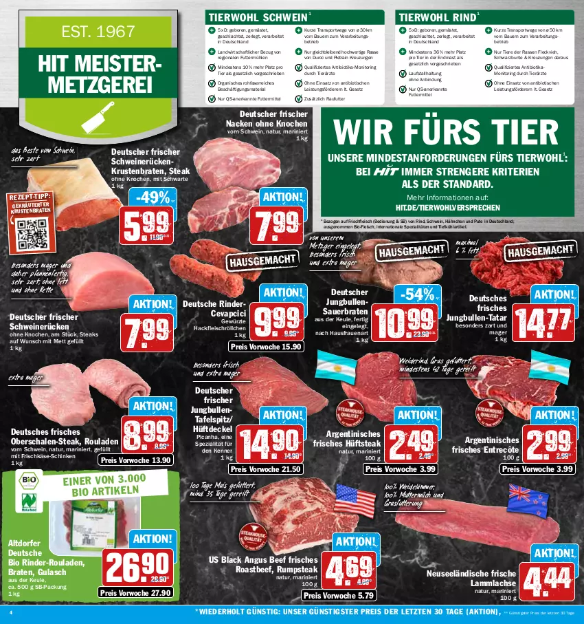 Aktueller Prospekt Hit - Prospekte - von 17.10 bis 22.10.2022 - strona 4 - produkty: auer, Bau, Bauer, beef, bio, braten, cevapcici, decke, Deckel, eis, entrecôte, fleisch, frischkäse, Geflügel, gewürz, gulasch, hackfleisch, hüftsteak, jungbullen, Käse, Kette, kräuter, krustenbraten, lachs, lack, lamm, lammlachse, mais, Meister, Mett, milch, monitor, natur, pfanne, pfannen, pute, reis, Ria, rind, rinder, rinder-rouladen, ring, roastbeef, rouladen, rum, rumpsteak, Schal, Schale, schinken, schwein, schweine, schweinerücken, Spezi, Sport, steak, steaks, tafelspitz, Ti, Tiere, tisch, wein, weine, ZTE