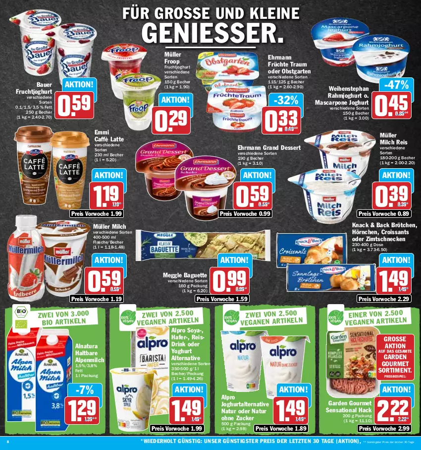 Aktueller Prospekt Hit - Prospekte - von 17.10 bis 22.10.2022 - strona 8 - produkty: alpenmilch, alpro, auer, baguette, Bau, Bauer, Becher, brötchen, caffè latte, Croissant, croissants, dessert, drink, ehrmann, Ehrmann Grand Dessert, eis, emmi, flasche, froop, frucht, früchte, fruchtjoghurt, garden gourmet, Garten, hafer, hörnchen, joghur, joghurt, latte, leine, mascarpone, meggle, milch, Müller, müller froop, natur, natura, obst, obstgarten, rahmjoghurt, reis, Reisdrink, soya, Ti, weihenstephan, Yo, yoghurt, ZTE, zucker