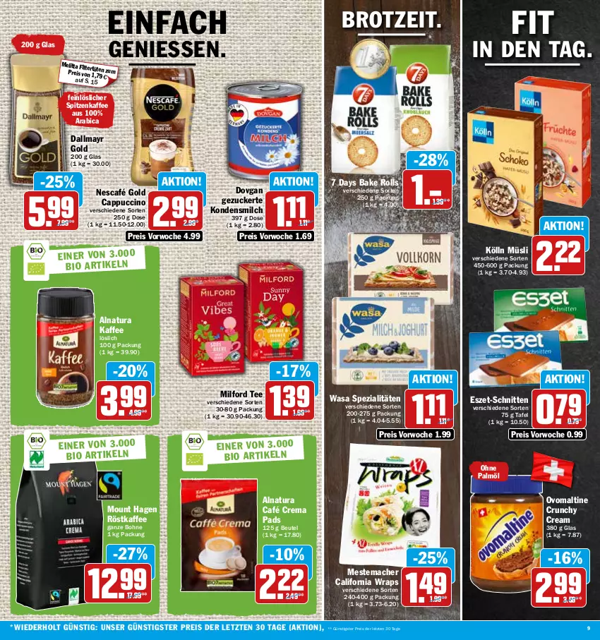 Aktueller Prospekt Hit - Prospekte - von 17.10 bis 22.10.2022 - strona 9 - produkty: beutel, bohne, brot, Cap, cappuccino, cin, crema pads, dallmayr, dallmayr gold, dovgan, eis, kaffee, kölln, kondensmilch, mac, melitta, mestemacher, milch, milford, müsli, natur, natura, Nescafé, nescafé gold, ohne palmöl, ovomaltine, reis, röstkaffee, schnitten, Spezi, tee, Ti, wasa, wrap, wraps, ZTE, zucker