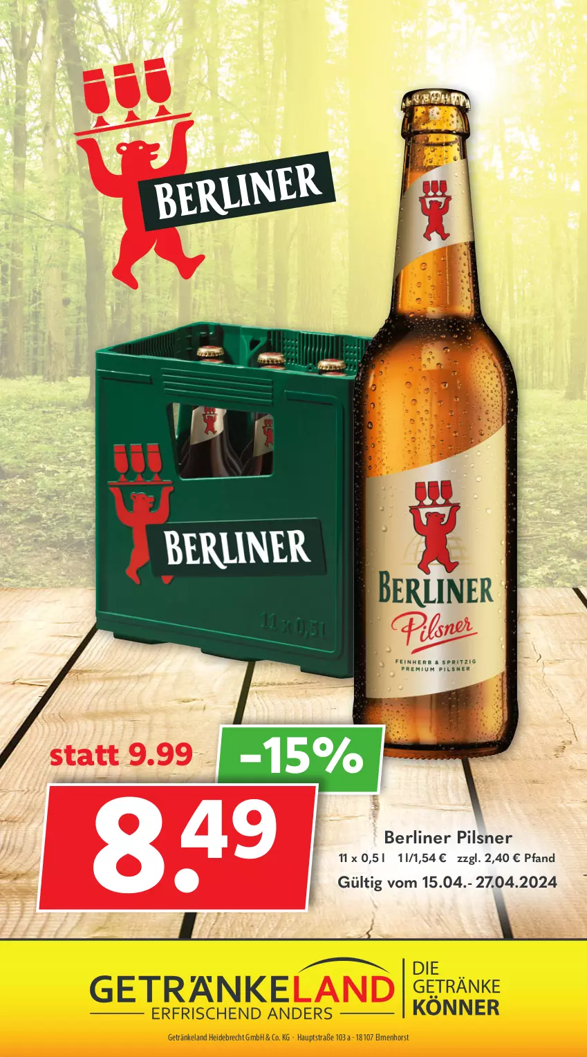 Aktueller Prospekt Getraenkeland - von 15.04 bis 27.04.2024 - strona 9 - produkty: berliner, Elan, getränk, getränke, pils, pilsner, Ti