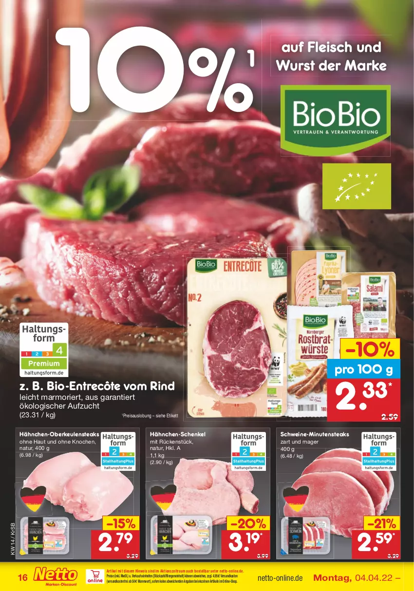 Aktueller Prospekt Netto Marken-Discount - Filial-Angebote - von 04.04 bis 09.04.2022 - strona 16 - produkty: bio, eis, entrecôte, fleisch, Hähnchen-Oberkeulen, hähnchen-schenkel, henkel, minutensteaks, natur, ndk, reis, rind, schenkel, schwein, schweine, steak, steaks, Ti, versandkostenfrei, wein, weine, wurst