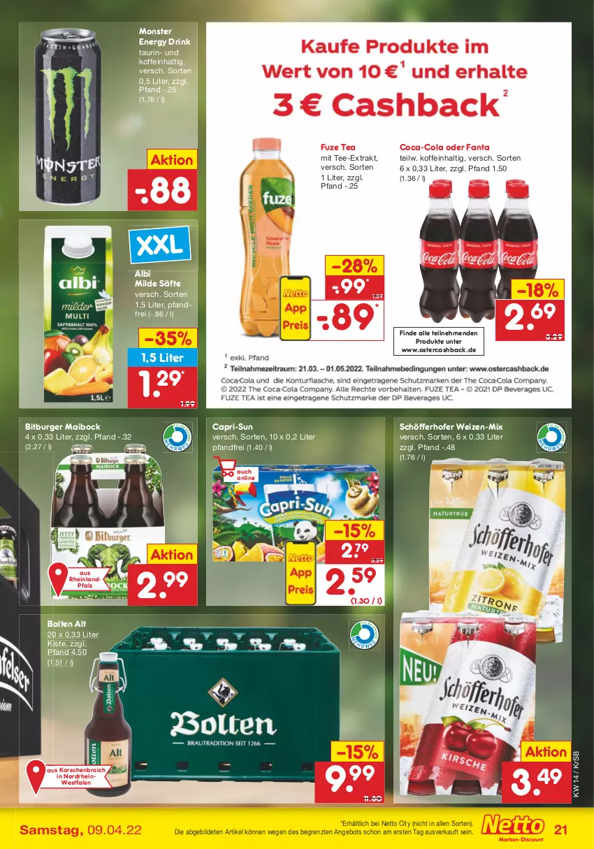 Aktueller Prospekt Netto Marken-Discount - Filial-Angebote - von 04.04 bis 09.04.2022 - strona 21 - produkty: angebot, bitburger, burger, Cap, capri-sun, coca-cola, cola, drink, energy drink, fanta, fuze tea, monster, Monster Energy, säfte, schöfferhofer, tee, Ti, ZTE