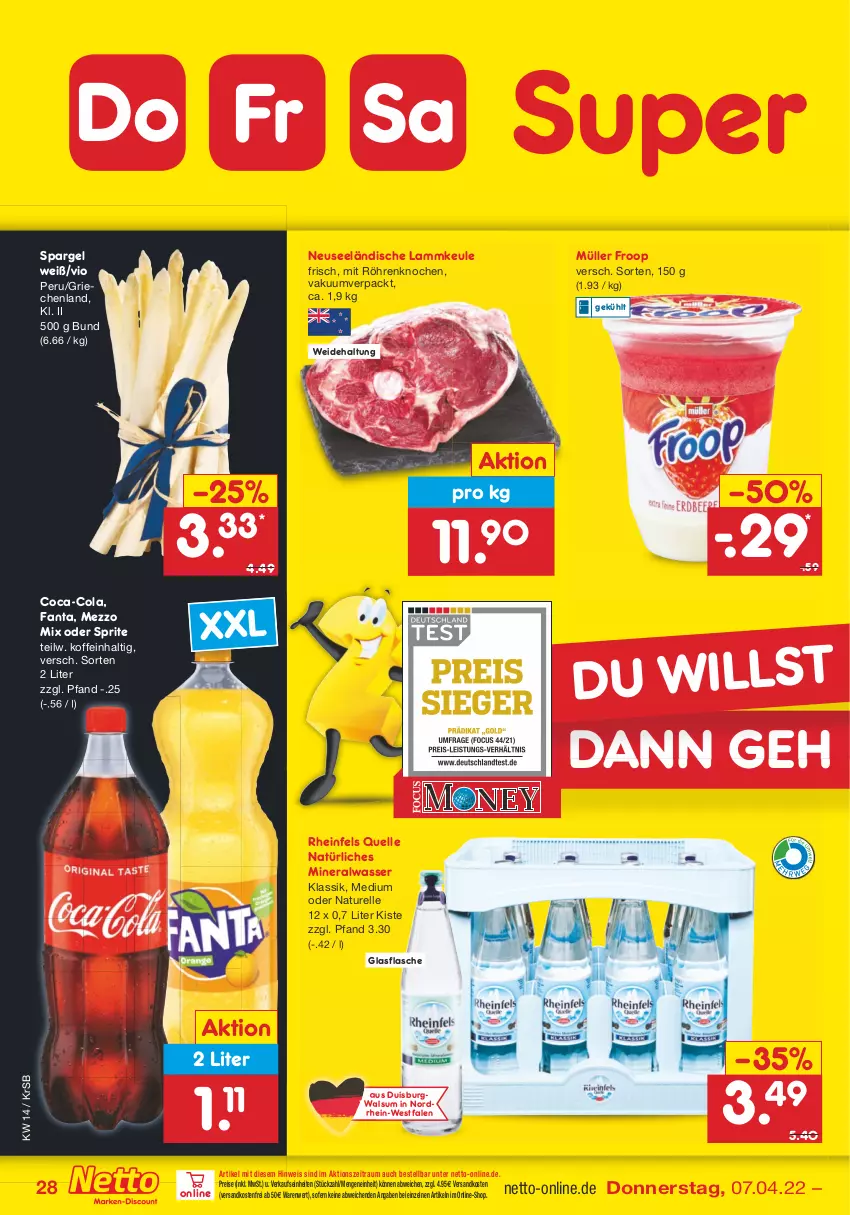 Aktueller Prospekt Netto Marken-Discount - Filial-Angebote - von 04.04 bis 09.04.2022 - strona 28 - produkty: Alwa, coca-cola, cola, eis, elle, fanta, flasche, froop, glasflasche, lamm, lammkeule, Mezzo Mix, mineralwasser, Müller, müller froop, natur, natürliches mineralwasser, ndk, oder sprite, reis, rel, rheinfels quelle, spargel, sprite, Ti, versandkostenfrei, wasser