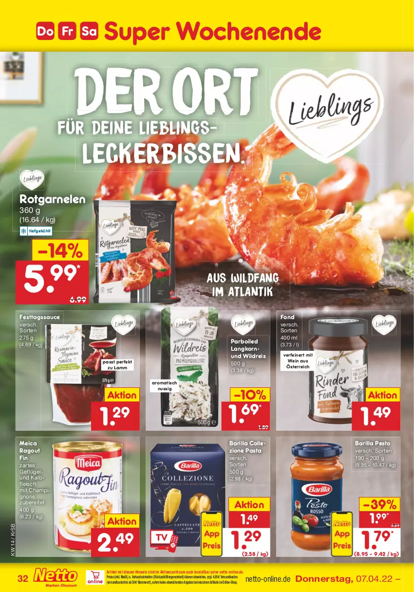 Aktueller Prospekt Netto Marken-Discount - Filial-Angebote - von 04.04 bis 09.04.2022 - strona 32 - produkty: barilla, champignon, champignons, eis, fleisch, garnelen, Geflügel, Kalbfleisch, korn, lamm, meica, ndk, nuss, pasta, pesto, Ragout, reis, sauce, Ti, tisch, versandkostenfrei, wein, Wild