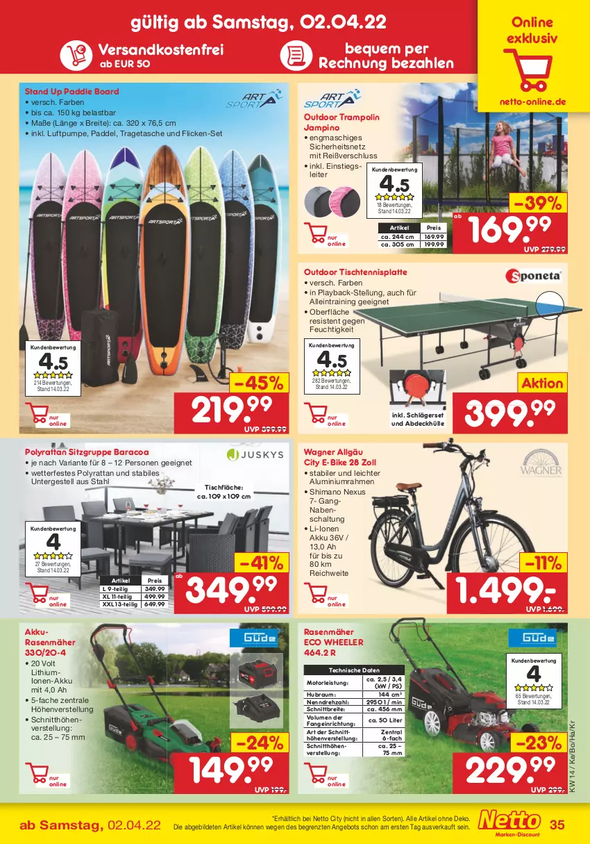 Aktueller Prospekt Netto Marken-Discount - Filial-Angebote - von 04.04 bis 09.04.2022 - strona 35 - produkty: akku, angebot, Brei, E-Bike, eis, latte, LG, ndk, nexus, rasen, rasenmäher, reis, Ria, Schal, shimano, Tasche, Ti, tisch, tragetasche, Trampolin, versandkostenfrei, wagner, ZTE