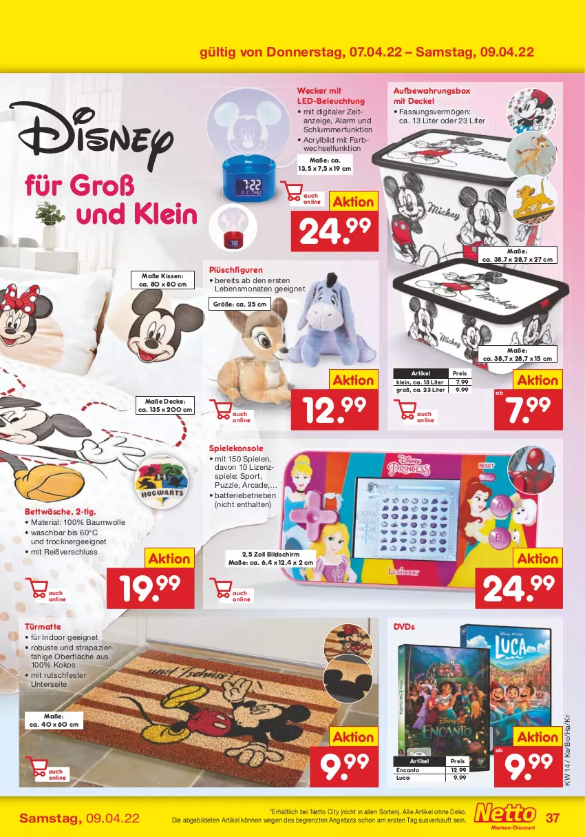 Aktueller Prospekt Netto Marken-Discount - Filial-Angebote - von 04.04 bis 09.04.2022 - strona 37 - produkty: Acrylbild, angebot, aufbewahrungsbox, batterie, Bau, baumwolle, beleuchtung, bett, bettwäsche, decke, Deckel, dvd, eis, Ergee, kissen, kokos, led-beleuchtung, LG, mit led-beleuchtung, Plüsch, Puzzle, reis, Ria, Spiele, Sport, Ti, Trockner, weck, wolle, ZTE