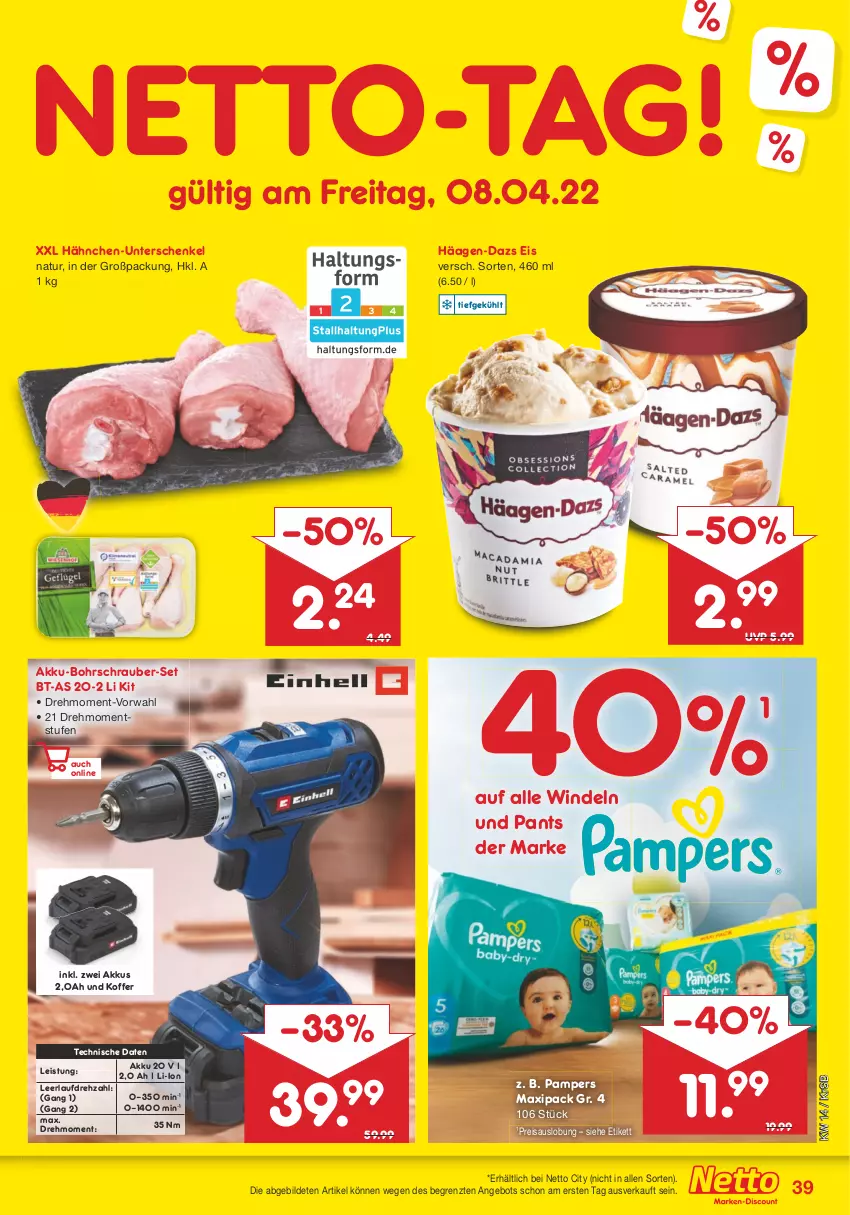 Aktueller Prospekt Netto Marken-Discount - Filial-Angebote - von 04.04 bis 09.04.2022 - strona 39 - produkty: akku, akku-bohrschrauber, angebot, Bohrschrauber, eis, häagen-dazs, henkel, koffer, natur, pampers, Pants, reis, schenkel, Ti, windeln, ZTE