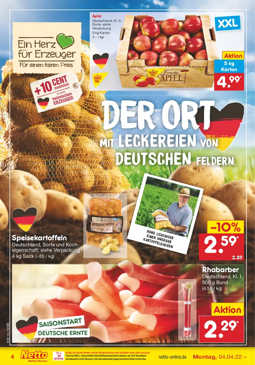 Aktueller Prospekt Netto Marken-Discount - Filial-Angebote - von 04.04 bis 09.04.2022 - strona 4 - produkty: eis, kartoffel, kartoffeln, ndk, reis, rhabarber, sac, speisekartoffeln, Ti, versandkostenfrei