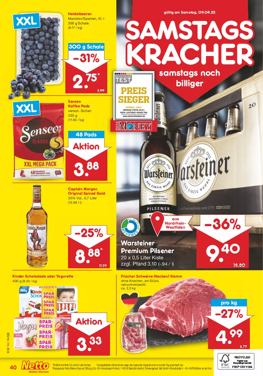 Aktueller Prospekt Netto Marken-Discount - Filial-Angebote - von 04.04 bis 09.04.2022 - strona 40 - produkty: angebot, angebote, beere, beeren, Cap, captain morgan, discount, gin, heidelbeere, heidelbeeren, Holz, kaffee, Kinder, kinder schokolade, kracher, marken-discount, oder yogurette, original spiced gold, pils, pilsener, premium pils, Schal, Schale, schoko, schokolade, schwein, schweine, senseo, steiner, Ti, uhr, warsteiner, wein, weine, Yo, yogurette, ZTE