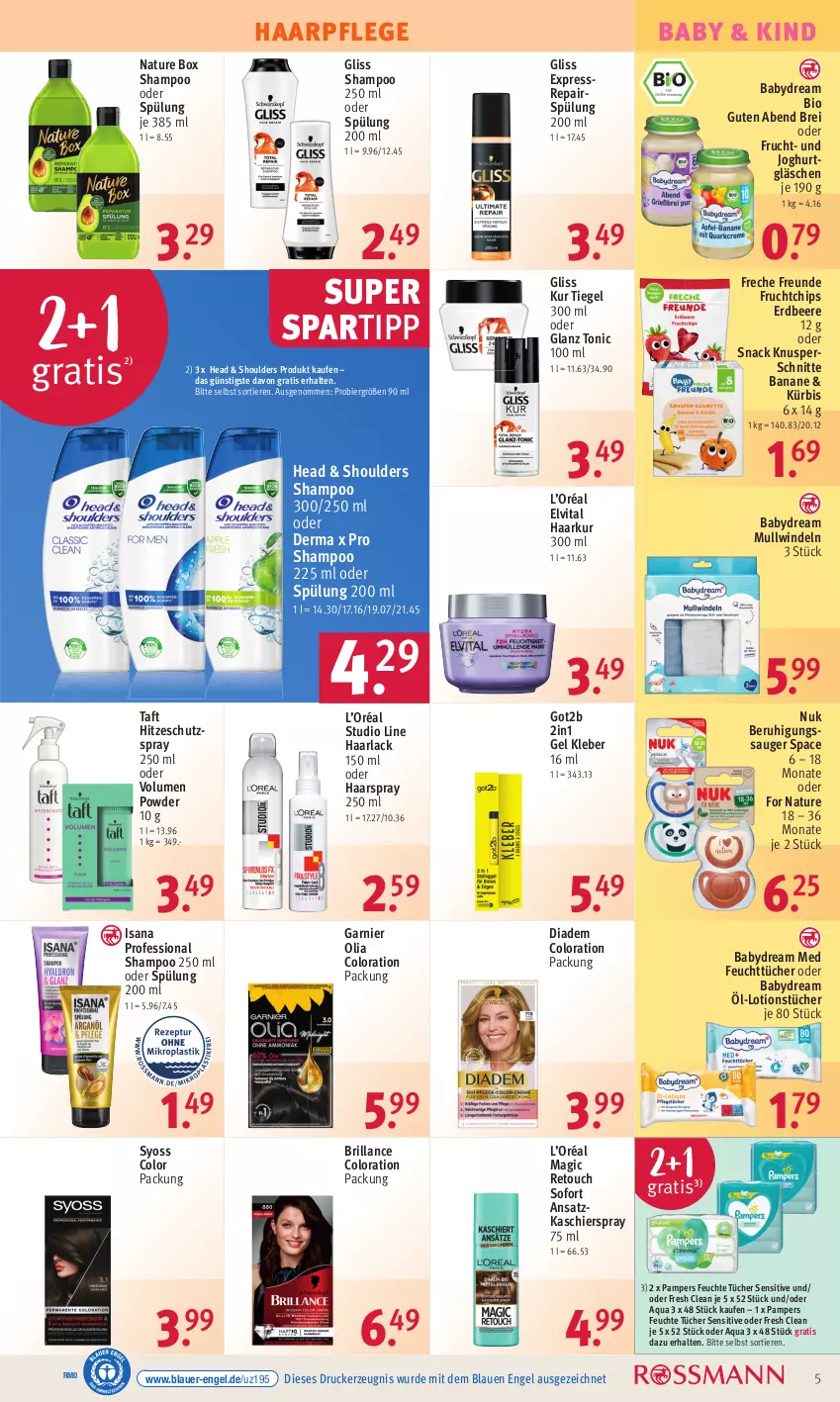 Aktueller Prospekt Rossmann - Prospekte - von 08.05 bis 12.05.2023 - strona 7 - produkty: aqua, arla, auer, babydream, banane, beere, Beruhigungssauger, bier, bio, Brei, brillance, chips, diadem, drucker, elvital, Engel, erdbeere, feuchte tücher, feuchttücher, freche freunde, frucht, garnier, gliss, gliss kur, got2b, Haarlack, haarpflege, haarspray, isana, joghur, joghurt, kerze, kleber, Kürbis, lack, Lotion, Mullwindel, natur, nature box, nuk, pampers, sana, shampoo, shampoo 250 ml, shampoo oder spülung, snack, spartipp, spülung, spülung 200 ml, syoss, Taft, Ti, Tiere, tonic, tücher, vita, windeln, Yo