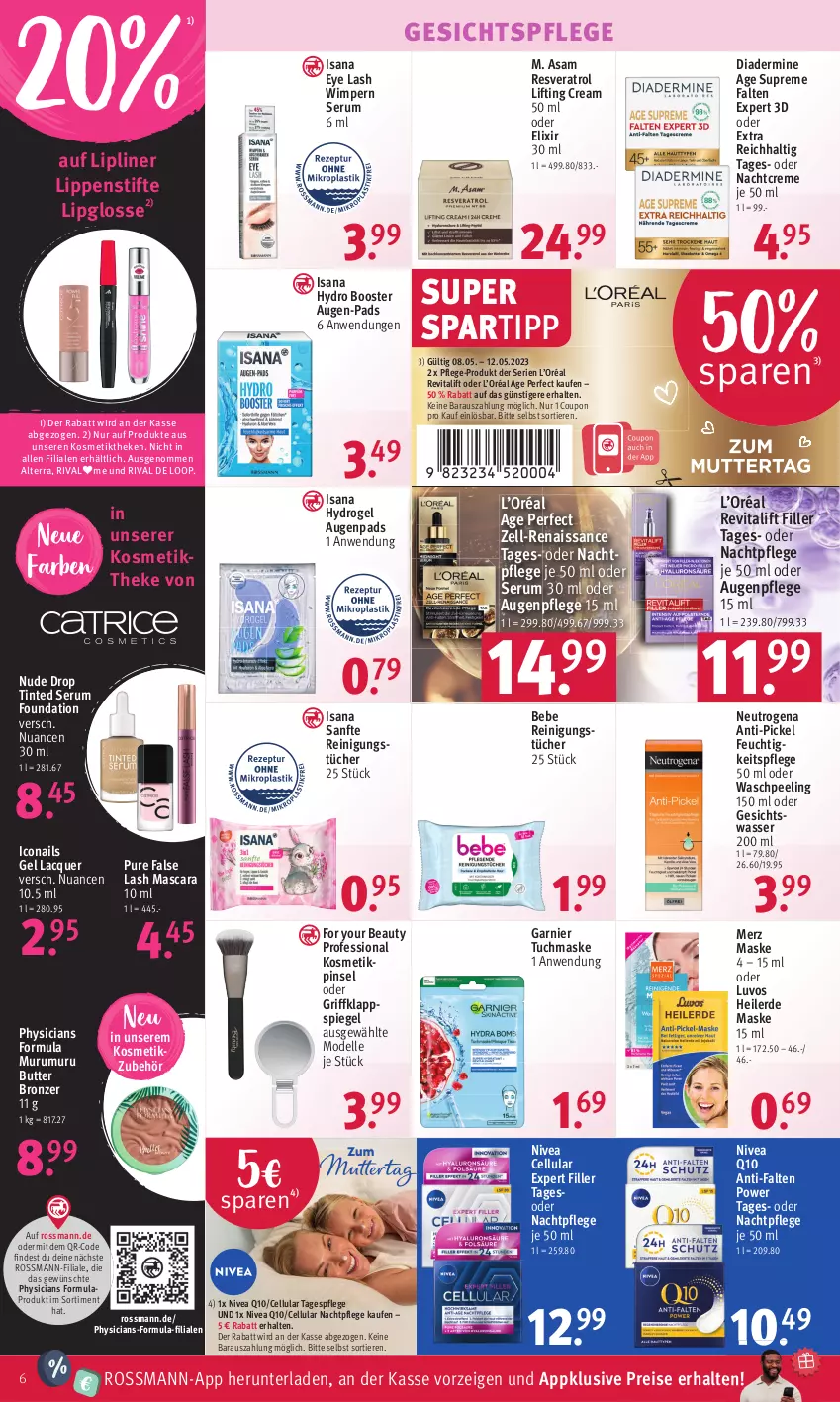 Aktueller Prospekt Rossmann - Prospekte - von 08.05 bis 12.05.2023 - strona 8 - produkty: alterra, Augenpflege, Bebe, butter, coupon, creme, dell, Diadermine, eis, elle, erde, feuchtigkeitspflege, For Your Beauty, garnier, gesichtspflege, Gesichtswasser, HP, isana, kosmetik, Lipgloss, Lippenstift, Mascara, Maske, Mode, nachtcreme, nachtpflege, neutrogena, nivea, Nuance, Peeling, Pinsel, Q10, Reinigung, reinigungstücher, reis, Revital, revitalift, rum, sana, Serum, spartipp, spiegel, stifte, Tagespflege, Ti, Tiere, tuc, tücher, tuchmaske, vita, wasser, Yo