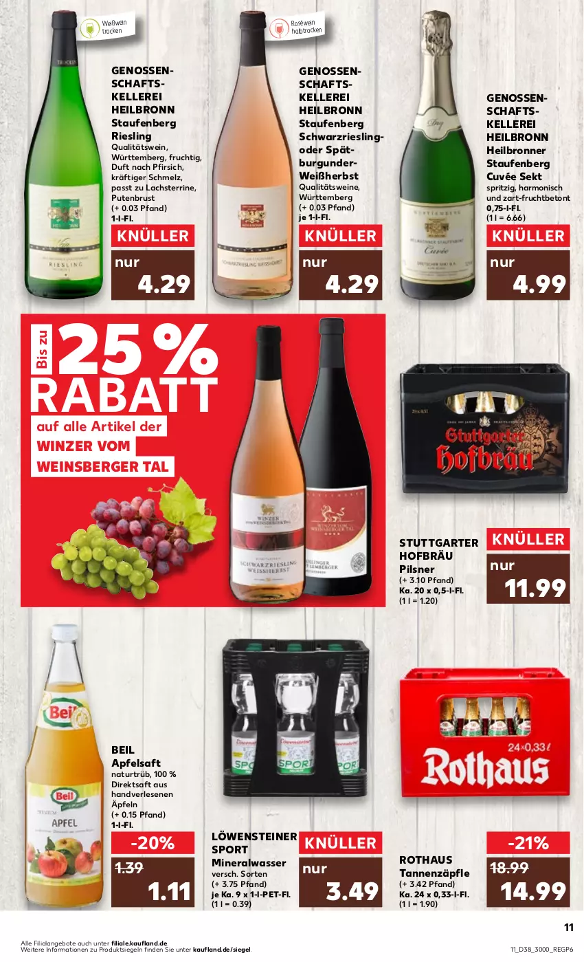 Aktueller Prospekt Kaufland - Prospekt - von 21.09 bis 27.09.2023 - strona 11 - produkty: Alwa, angebot, angebote, apfel, apfelsaft, Berger, Bronner, burgunder, cuvée, direktsaft, elle, frucht, lachs, mineralwasser, natur, pfirsich, pils, pilsner, pute, putenbrust, qualitätswein, qualitätsweine, riesling, roséwein, rwe, saft, schwarzriesling, sekt, Sport, steiner, terrine, Ti, wasser, wein, weine, Weißwein