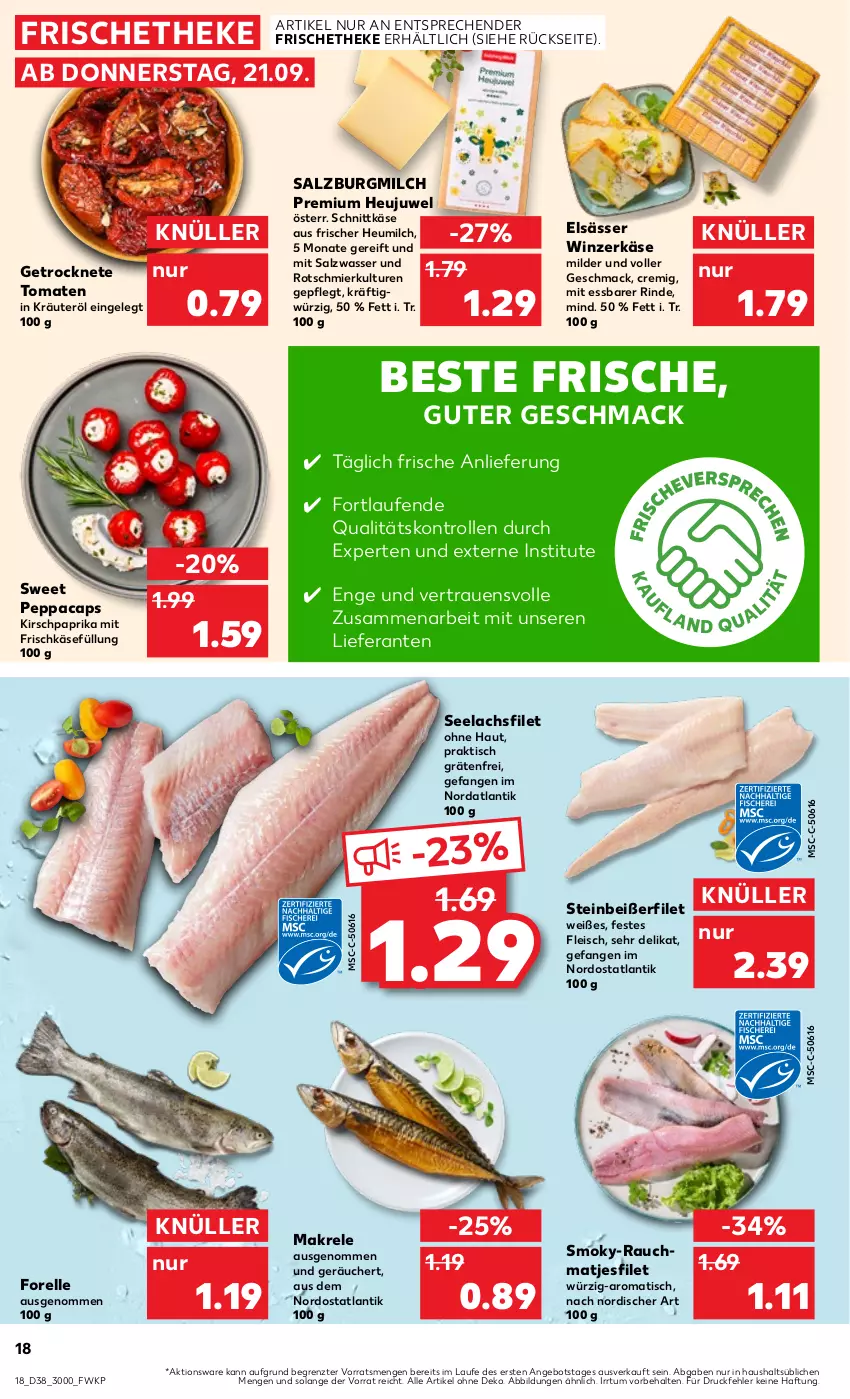 Aktueller Prospekt Kaufland - Prospekt - von 21.09 bis 27.09.2023 - strona 18 - produkty: angebot, Cap, eis, elle, filet, fleisch, forelle, frischkäse, Getrocknete Tomaten, Heu, Heujuwel, heumilch, HP, Käse, kirsch, kräuter, lachs, lachsfilet, Laufen, mac, Makrele, matjes, Matjesfilet, milch, paprika, Rauch, rel, rind, salz, SalzburgMilch, schnittkäse, seelachsfilet, Steinbeißer, Steinbeißerfilet, Ti, tisch, tomate, tomaten, wasser, ZTE