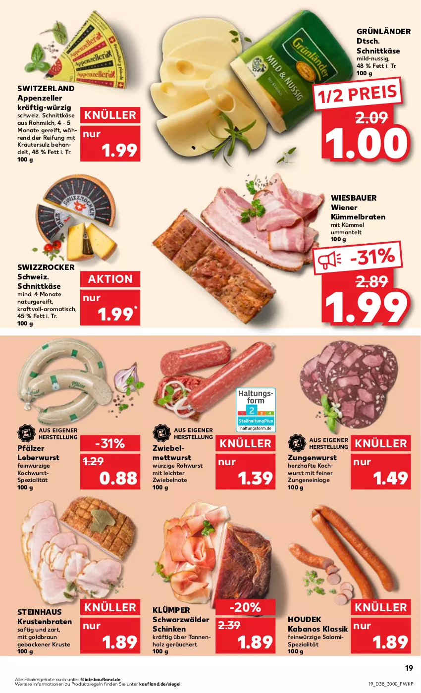 Aktueller Prospekt Kaufland - Prospekt - von 21.09 bis 27.09.2023 - strona 19 - produkty: angebot, angebote, appenzeller, auer, Bau, Bauer, braten, braun, eis, elle, geback, grünländer, Holz, houdek, kabanos, Käse, kraft, kräuter, krustenbraten, leberwurst, Mantel, Mett, mettwurst, milch, natur, nuss, reis, Rohwurst, saft, salami, schinken, schnittkäse, schwarzwälder schinken, Spezi, steinhaus, Swizzrocker, Ti, tisch, wiener, wiesbauer, wurst, zwiebel, zwiebelmettwurst, zwiebeln