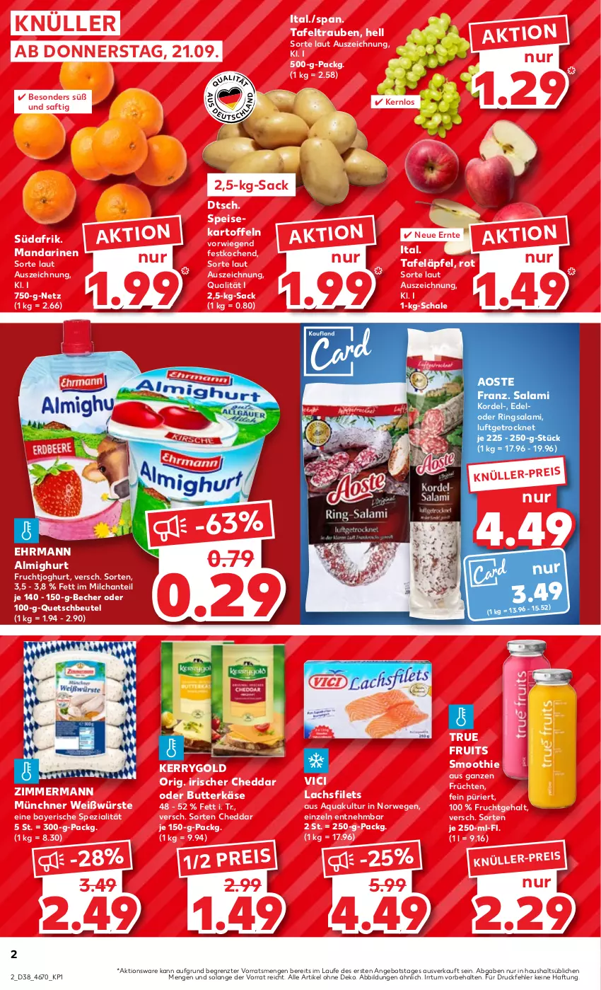 Aktueller Prospekt Kaufland - Prospekt - von 21.09 bis 27.09.2023 - strona 2 - produkty: almighur, almighurt, angebot, aqua, Becher, beutel, butter, butterkäse, cheddar, ehrmann, ehrmann almighurt, eis, filet, filets, frucht, früchte, früchten, fruchtjoghurt, joghur, joghurt, kartoffel, kartoffeln, Käse, kerrygold, lachs, lachsfilet, lachsfilets, mandarine, mandarinen, milch, quetschbeutel, reis, ring, rwe, sac, saft, salami, Schal, Schale, smoothie, speisekartoffeln, Spezi, tafeläpfel, tafeltrauben, Ti, trauben, true fruits, ZTE