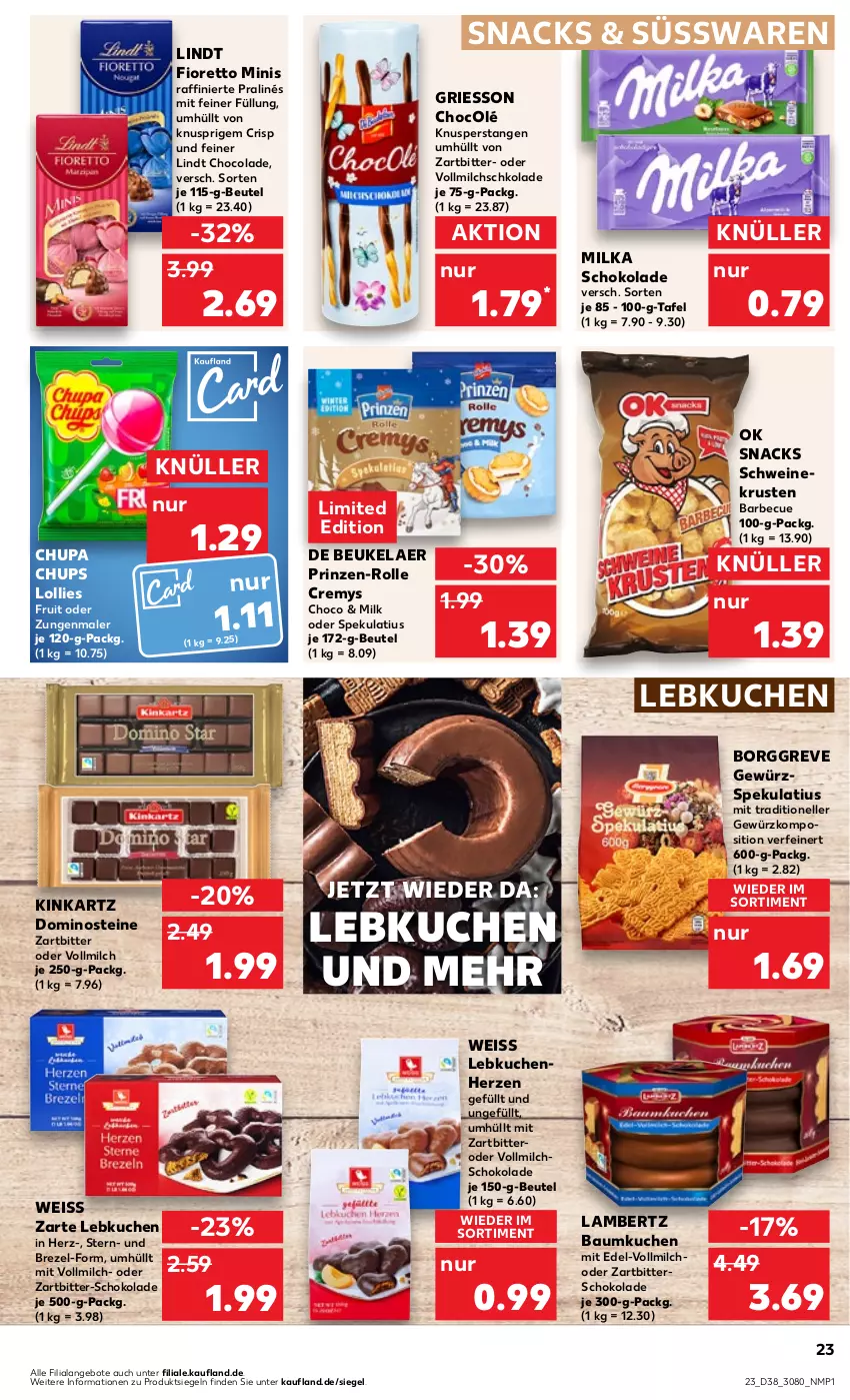 Aktueller Prospekt Kaufland - Prospekt - von 21.09 bis 27.09.2023 - strona 23 - produkty: Amber, angebot, angebote, auer, barbecue, Bau, beutel, brezel, chupa, chupa chups, cola, cremys, de beukelaer, Dominosteine, eis, elle, gewürz, griesson, kuchen, lambertz, Lebkuchen, lindt, milch, milka, milka schokolade, schoko, schokolade, schwein, schweine, snack, snacks, süsswaren, Ti, vollmilch, wein, weine, Zartbitterschokolade